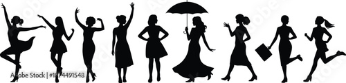 Female silhouette collection, fashion and activity icons, black design, expressive poses, minimal character art, stylish movement figures