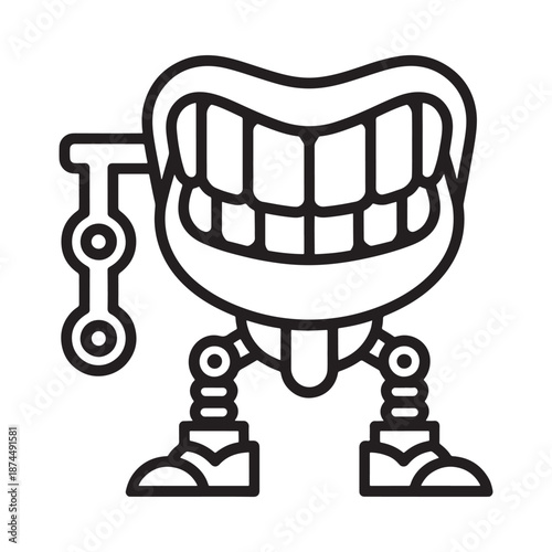 Black and white line art illustration of a robotic mouth with legs