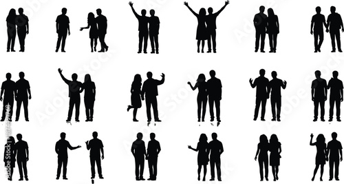 Grid of silhouetted human pairs in various poses, black and white illustration showing social interaction, body language, friendship, teamwork, and casual communication