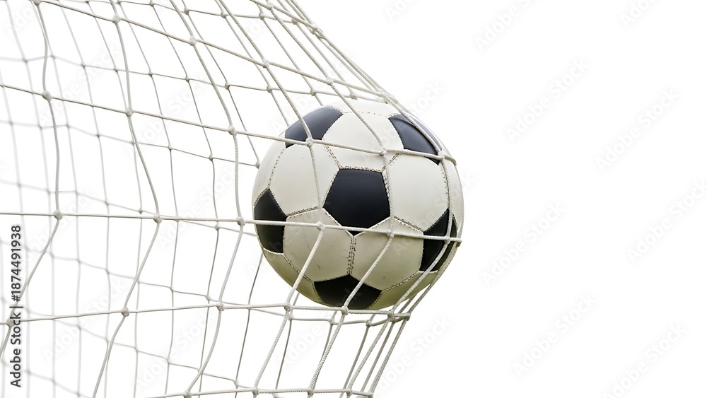 Naklejka premium Soccer ball in goal net isolated on a white background with shadow. AI GENERATED.