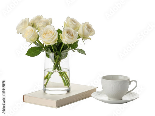 White roses in vase beside a tea cup isolated on transparent background