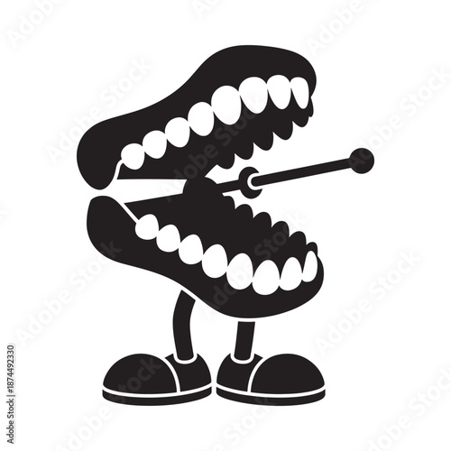 Black and white illustration of a playful cartoonish set of teeth with a tongue