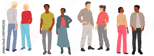 Standing couples of people. Young men and women, front and back views, profile, different colors, cartoon character, group silhouettes, students, flat iconographic design concept, isolated on white 