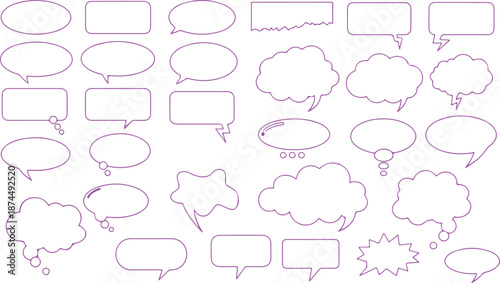 A comprehensive collection of various outlined magenta speech bubbles and thought balloons
