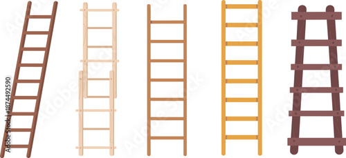 Ladder illustration set, construction tools, design comparison, climbing equipment, color variation, safety gear, home improvement, vector icons