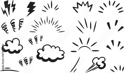 Collection of hand drawn doodles illustrating various energy bursts, clouds, lightning, and dynamic wind elements