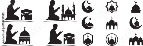 Collection of black silhouettes representing Islamic prayer, mosques, crescents, and religious symbols