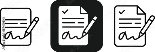 Contract Signing Document and Pencil Icons with Checkmark and Signature agreement writing