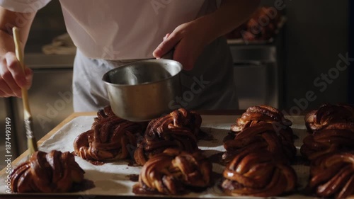 Baker glazing freshly baked cinnamon buns with sweet syrup. Golden crust shines as the syrup slowly absorbs into the warm pastry, artisan quality handcrafted bakery. Hygge atmosphere, premium bakery.