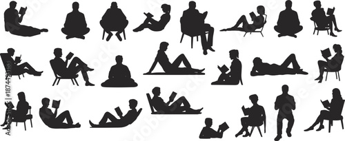 People reading book silhouette collection, men women children relaxing seated poses, black vector illustration isolated on white background lifestyle education concept