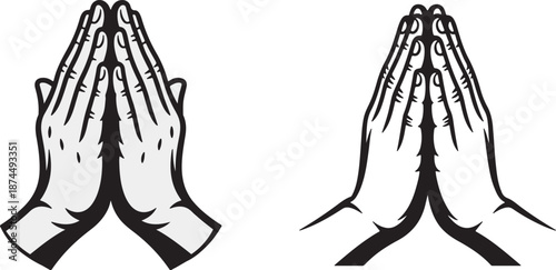 Two simplified graphic illustrations show hands clasped together in a respectful prayer gesture