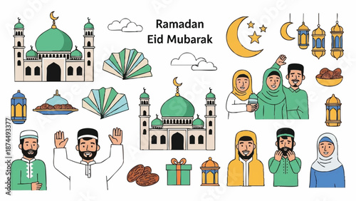 Flat lay illustration of happy Muslim people celebrating Holy Month Ramadhan with mosque and traditional decorations on white background.