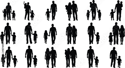 Silhouettes of Diverse Family Groupings Featuring Adults and Children, Ideal for Social, Educational, or Demographic Design Projects Highlighting Family Dynamics and Unity