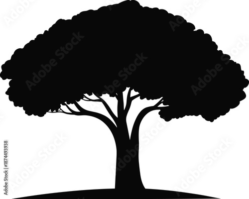 Tree silhouette illustration, broad canopy shape, black nature icon, botanical design, minimal art, environmental symbol, grounded structure