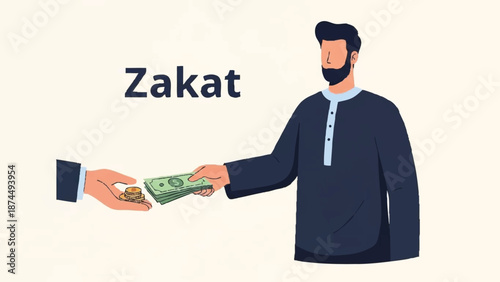 Illustration of a Muslim man giving money to another hand, representing Zakat during Holy Month Ramadhan with a simple and informative style.
