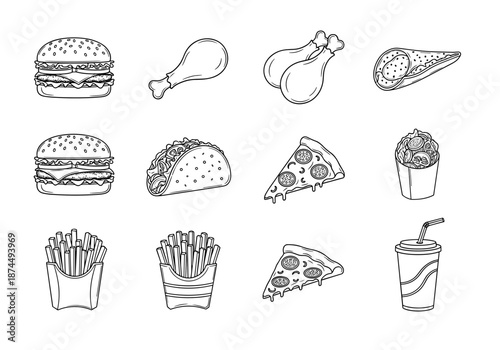 Detailed fast food vector line art set, hand drawn burgers, fried chicken, tacos, pizza, fries, and drinks.