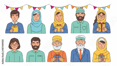 Illustration of diverse happy Muslim people celebrating Holy Month Ramadhan with colorful decorations and gifts.