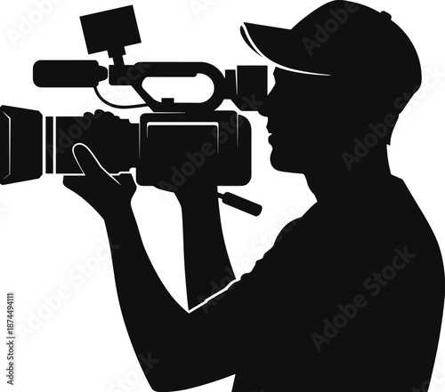 Videographer silhouette illustration, camera operator icon, media production figure, filming pose, black design, journalism symbol, minimal art