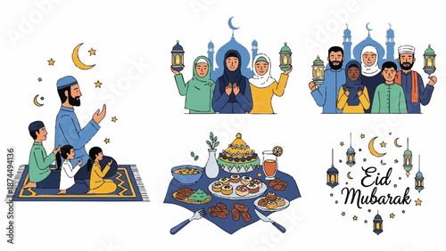 Illustrations of happy Muslim people celebrate Holy Month Ramadhan with traditional food and lanterns on a white background.