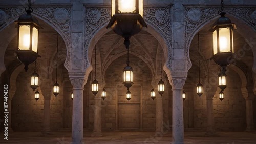 Ancient Islamic Hall Illuminated by Traditional Hanging Lanterns, Featuring Intricate Stone Arches and Historical Moorish Architecture at Night.