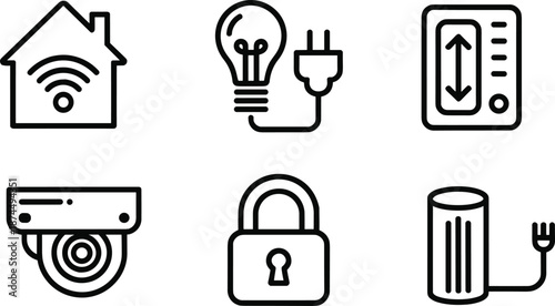 Smart home technology icons set on white background Keywords: smart home, technology, icons, set, house, wifi, signal, light