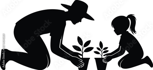Gardening silhouette illustration, adult and child planting, nurturing activity icon, black design, environmental care, minimal nature art