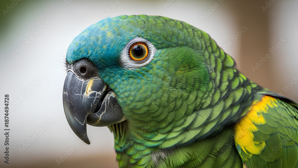 Fototapeta premium Vibrant parrot with blue and green feathers looks left