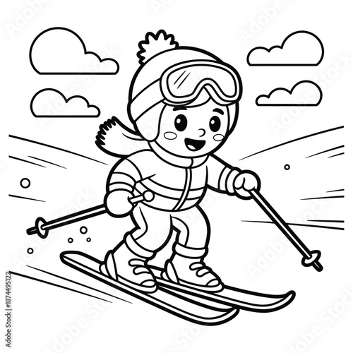 Cartoon skier enjoys downhill snow adventure with smiling face surrounded by fluffy clouds winter sports activity for cheerful snowy season day
