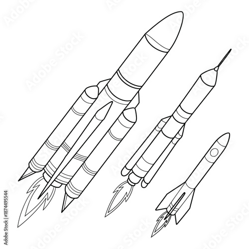 Depiction of Three Rockets in Varying Sizes Showcasing Their Structural Designs and Possible Propulsion Systems, Vector Illustration