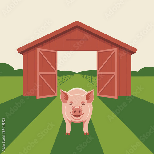 Friendly pink pig stands happily in a green farm field with a red barn in the background under a clear and sunny sky.