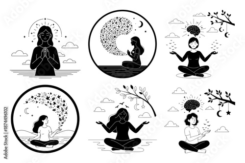 Relax Meditation Scenes with Hammock, Dandelion and Freedom Birds - Minimal Black and White Line Art Illustration Set