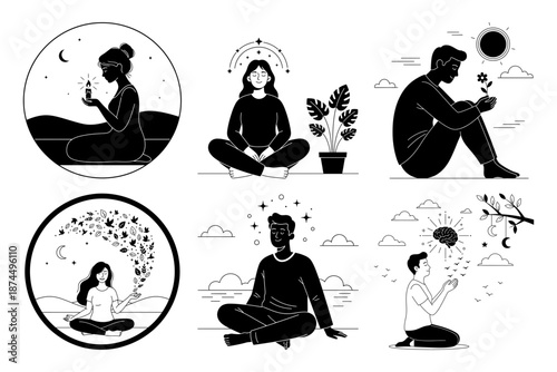 Gratitude and Meditation Moments with Swing, Moon and Sea - Minimal Black and White Line Art Illustration Set
