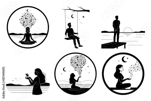 Mindfulness and Calm Women Scenes with Moon and Butterflies - Minimal Black and White Line Art Illustration Set
