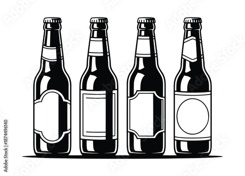 Silhouette beer bottles with white labels and caps, Classic beer bottles, The design bottles' shape and texture, common in classic pub styles