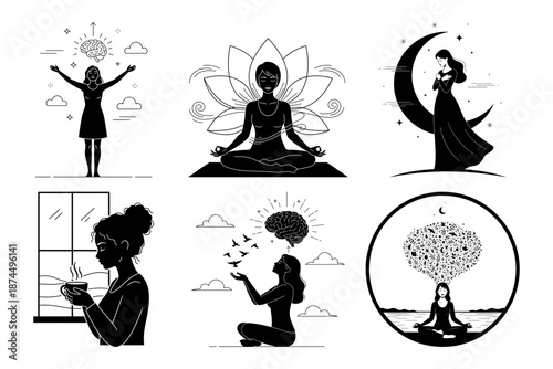 Self Care Meditation with Heart Shape, Moon and Tea Moment - Minimal Black and White Line Art Illustration Set