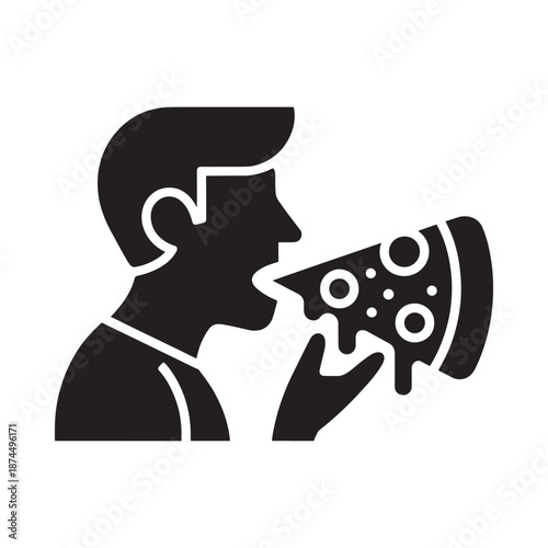 A silhouette of a man enthusiastically eating a slice of pizza