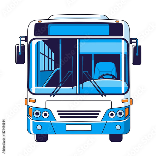 Front view of a white and blue city bus with windshield wipers on transparent background