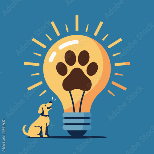 Small dog looks up at a giant glowing lightbulb containing a paw print to symbolize creative pet care innovation.