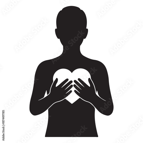 Woman holding heart expressing self love emotion silhouette illustration