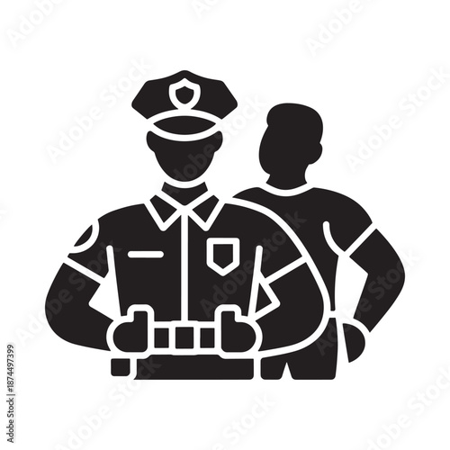Two police officers in silhouette one arresting a suspect