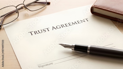 Trust Agreement document on wooden desk with fountain pen and glasses. Legal estate planning concept ready for signature
