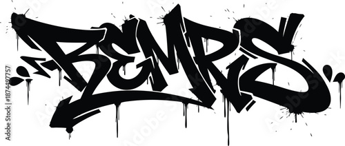Black graffiti lettering with drips and splatters on white background 1