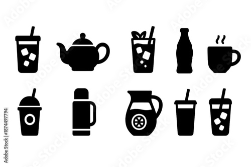 Beverage silhouette icon set. Tea, coffee, juice, drink silhouette collection