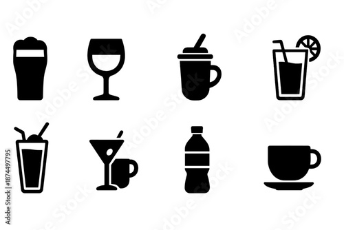 Beverage silhouette icon set. Coffee, cocktails, and juice icons in silhouette style.