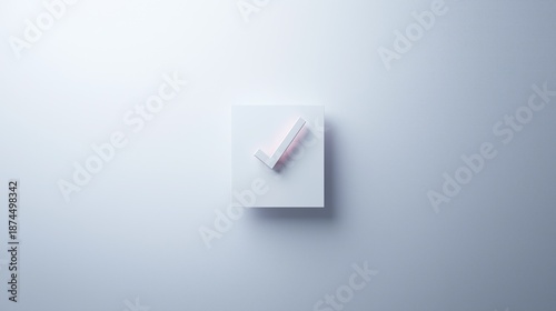 Minimal white check mark icon on square cube on  white background
