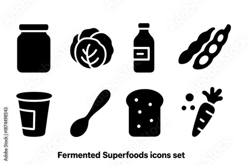 Fermented superfoods silhouette icon set. Healthy, probiotic food silhouette collection