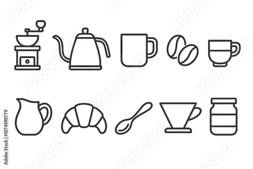 Coffee icon set. Beverage, cafe elements, and kitchen tools silhouette collection