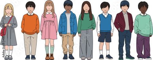 Large Set of Diverse Children and Kids Characters in Colorful Casual Outfits Standing Side by Side Isolated on White Background for Back to School Design