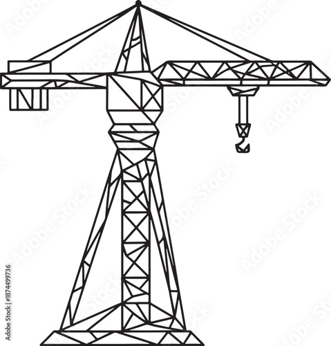 A geometric low poly style black and white outline illustration of a tower crane Vector