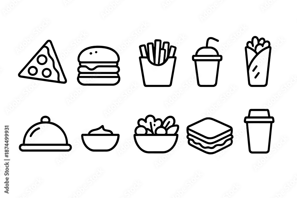 Fototapeta premium Food and drink linear icon set. Cuisine, beverage icons collection in line style